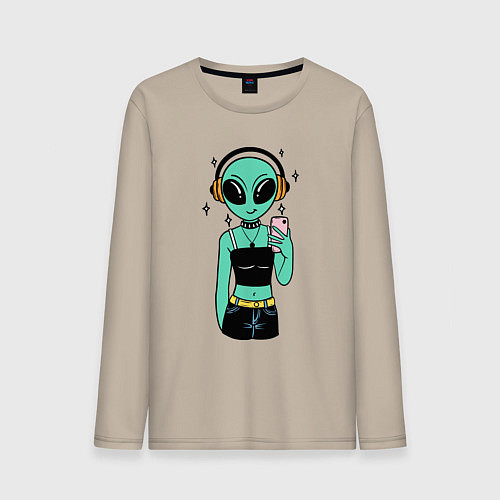 Мужской лонгслив Девочка инопланетянин с телефоном / Миндальный – фото 1