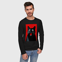 Лонгслив хлопковый мужской Удивленный черный кот, цвет: черный — фото 2