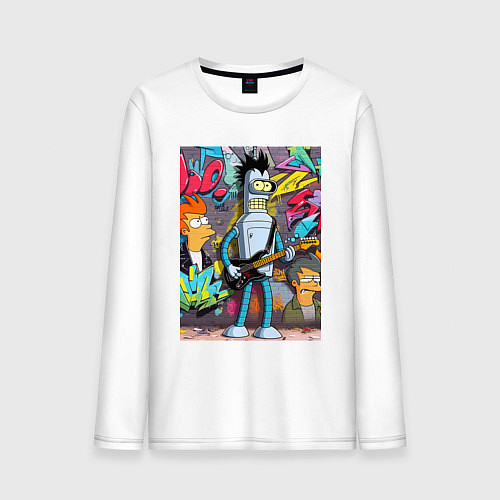 Мужской лонгслив Бендер с гитарой и Фрай - граффити / Белый – фото 1