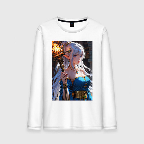 Мужской лонгслив Прекрасная эльфийка-маг с шаром огня / Белый – фото 1