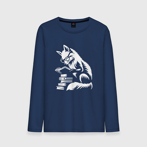 Мужской лонгслив Лиса - библиотекарь / Тёмно-синий – фото 1