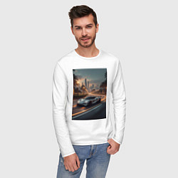 Лонгслив хлопковый мужской Белый суперкар едет по аллее в город, цвет: белый — фото 2