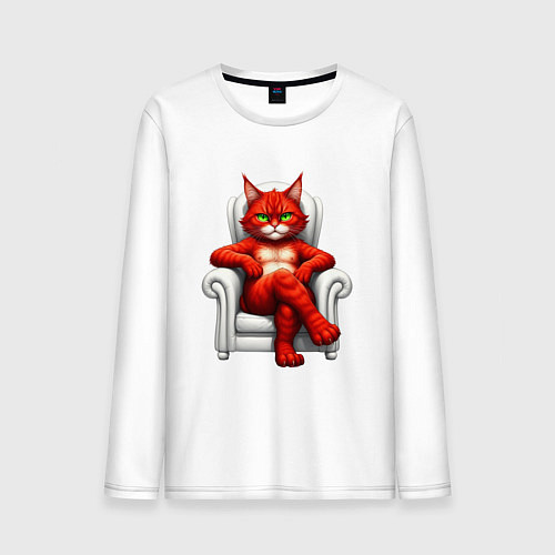 Мужской лонгслив Красный кот сидит в белом кресле / Белый – фото 1