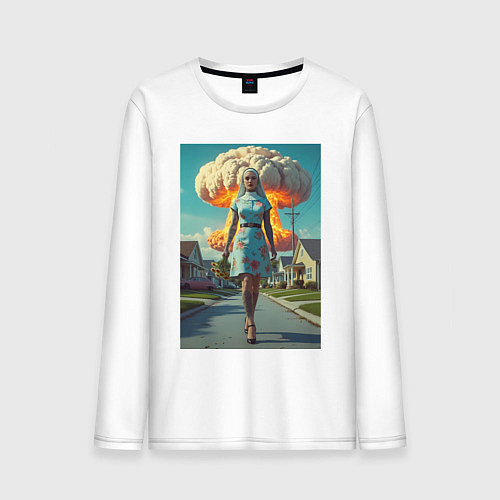 Мужской лонгслив Девушка в костюме монашки уходит от взрыва / Белый – фото 1