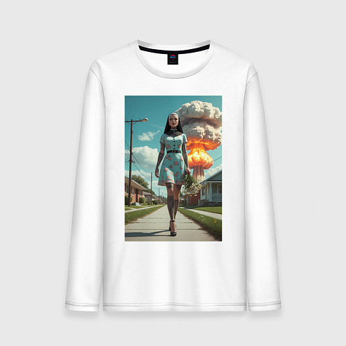 Мужской лонгслив Девушка в костюме монашки уходит от взрыва / Белый – фото 1