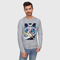 Лонгслив хлопковый мужской Кролик в очках с мечем, цвет: меланж — фото 2