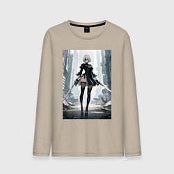 Мужской лонгслив Девушка-андроид с катанами посреди руин