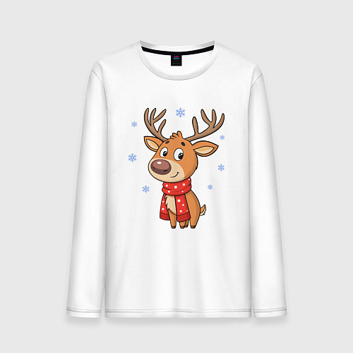 Мужской лонгслив Новогодний олень и снежинки, зима / Белый – фото 1