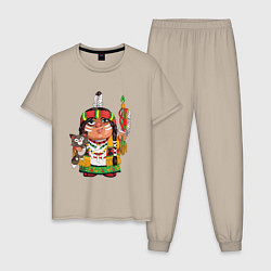 Пижама хлопковая мужская Забавные Индейцы 9, цвет: миндальный