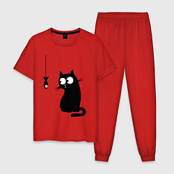 Пижама хлопковая мужская Кот и рыба, цвет: красный