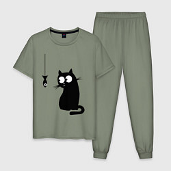 Пижама хлопковая мужская Кот и рыба, цвет: авокадо