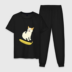 Пижама хлопковая мужская Cat no banana meme, цвет: черный