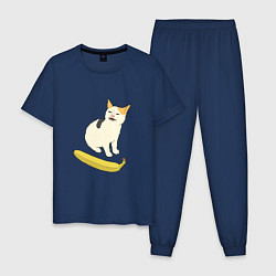Пижама хлопковая мужская Cat no banana meme, цвет: тёмно-синий
