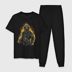 Пижама хлопковая мужская Пылающий пожарный, цвет: черный