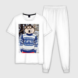 Пижама хлопковая мужская Хаски в свитере, цвет: белый