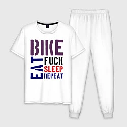 Пижама хлопковая мужская Bike eat sleep repeat, цвет: белый