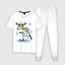 Пижама хлопковая мужская Олень на лыжах, цвет: белый