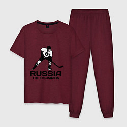 Пижама хлопковая мужская Russia: Hockey Champion, цвет: меланж-бордовый