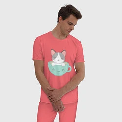 Пижама хлопковая мужская Чайный котик, цвет: коралловый — фото 2