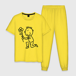 Пижама хлопковая мужская Человечки с цветком парная муж, цвет: желтый