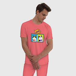 Пижама хлопковая мужская Коты Поп-Арт, цвет: коралловый — фото 2