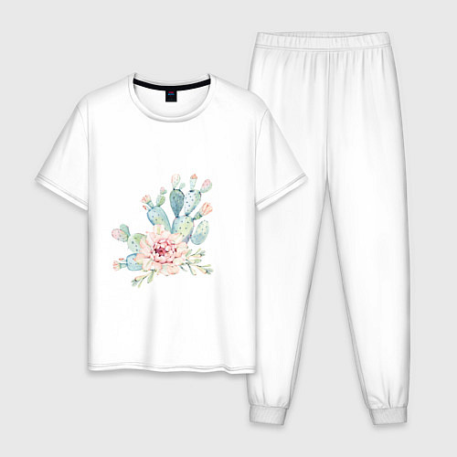 Мужская пижама Цветущий кактус акварель / Белый – фото 1