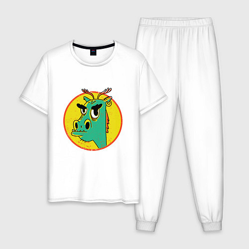 Мужская пижама Зеленый дракон в стиле ретро / Белый – фото 1