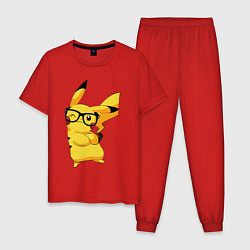 Пижама хлопковая мужская Веселый Пикачу в очках, цвет: красный