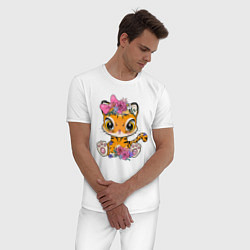 Пижама хлопковая мужская Милая тигрица с цветами, цвет: белый — фото 2