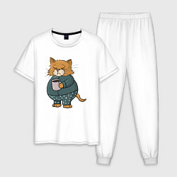 Пижама хлопковая мужская Сонный Кот, цвет: белый