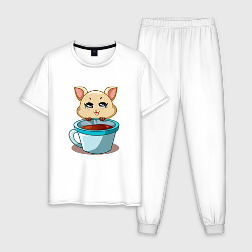 Мужская пижама Котик с кружкой кофе / Белый – фото 1