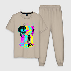 Пижама хлопковая мужская 4 ЧЕРЕПА SKULLS NEON, цвет: миндальный