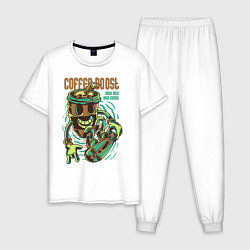 Пижама хлопковая мужская Стакан с кофе на скейте, цвет: белый