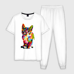 Пижама хлопковая мужская Разноцветный кот, цвет: белый