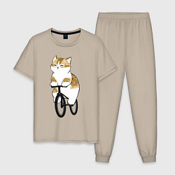 Пижама хлопковая мужская Котик на велосипеде, цвет: миндальный