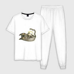 Пижама хлопковая мужская Котик МЯУ и череп, цвет: белый