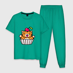 Пижама хлопковая мужская Тигренок - пирожное, цвет: зеленый
