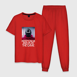 Пижама хлопковая мужская Сохраняй спокойствие Игра в кальмара, цвет: красный