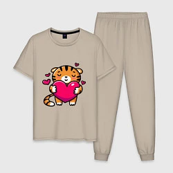 Пижама хлопковая мужская Милый тигренок с сердечком, цвет: миндальный