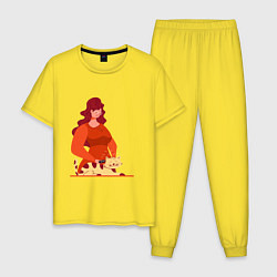 Пижама хлопковая мужская Уход за кошкой, цвет: желтый