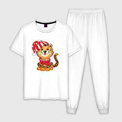 Пижама хлопковая мужская Тигренок в шапке и в шарфе, цвет: белый