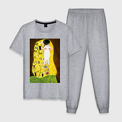Пижама хлопковая мужская Густав Климт влюблённые поцелуй с котом, цвет: меланж