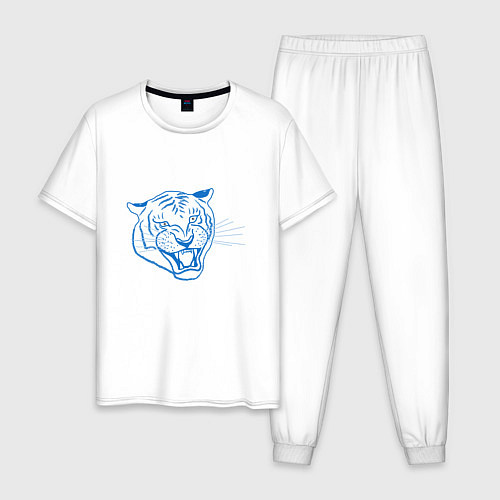 Мужская пижама Контур головы синего тигра, арт лайн / Белый – фото 1
