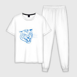 Пижама хлопковая мужская Контур головы синего тигра, арт лайн, цвет: белый