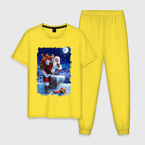 Мужская пижама Дед Мороз с подарками на крыше / Желтый – фото 1