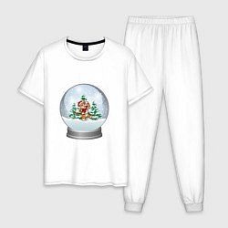 Пижама хлопковая мужская Снежный шар с тигром, цвет: белый