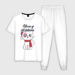 Пижама хлопковая мужская Christmas Cat, цвет: белый