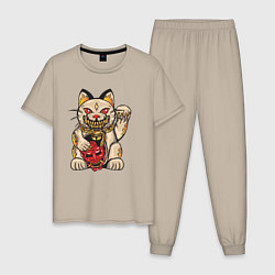 Пижама хлопковая мужская Кот - демон, цвет: миндальный