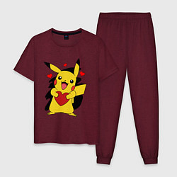 Пижама хлопковая мужская ПИКАЧУ И СЕРДЕЧКО POKENON PIKACHU LOVE, цвет: меланж-бордовый