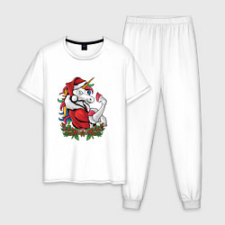 Пижама хлопковая мужская Unicorn Santa, цвет: белый
